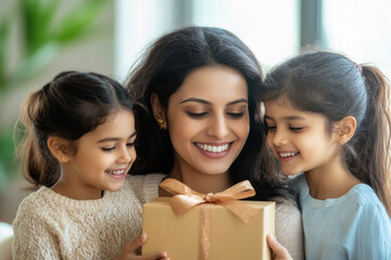 Wall Mural - indian mother and children holding gift box together