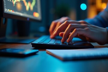 Focused hands typing on the keyboard, tracking real-time stock market data on the monitor.