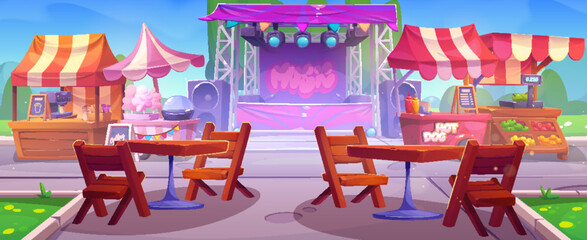 Open air music festival in city park with fun fair fast food stalls and street cafe tables with chairs on summer day. Cartoon vector empty performance scene with tent, projectors and speakers.