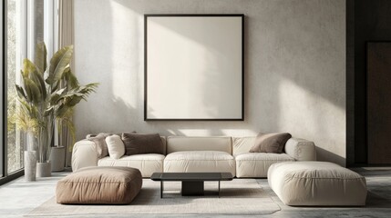 Contemporary living room with empty poster frame on wall, sleek furniture, and neutral tones. Ideal for art mock-up.