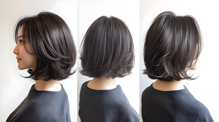 Sophisticated Medium Length Layered Haircut Showcasing Movement and Texture   A front side and back view of a stylish and trendy hairstyle highlighting the layers flow and texture for fashion beauty