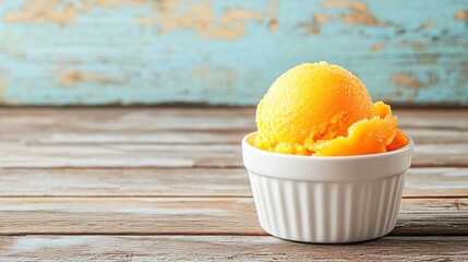 Wall Mural - closeup of a bowl of orange sorbet on a wooden table.