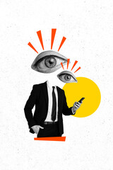 Canvas Print - Vertical poster collage headless businessman caricature face fragment eye vision sight eyeball peek look watch smartphone digital device