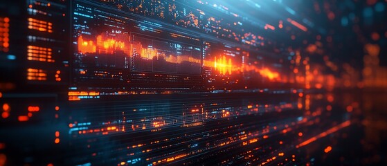 Abstract digital data display with glowing lines and graphs in a dark background.