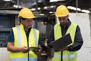 Two male engineer worker discuss and working together in industry factory. Male engineer repairing or maintenance CNC machine in factory