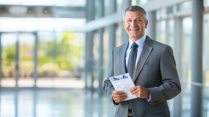 Confident businessman in modern office holding notepad with financial tips, exuding success and prosperity in professional environment