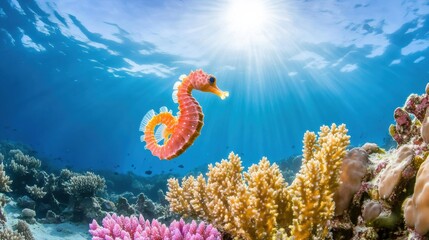 Colorful Seahorse Swimming in Vibrant Coral Reef