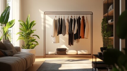 Modern living room with a sleek clothes rack, featuring stylish outfits, plants, and natural light. Cozy and fashionable interior.