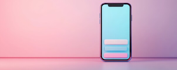 A modern smartphone displays a vibrant blue-pink gradient background, showcasing a minimalistic interface with buttons.