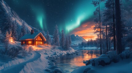 Canvas Print - Cozy Cabin Under the Northern Lights