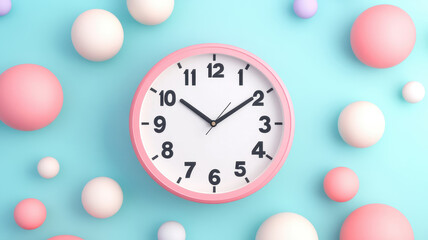 Poster - A colorful clock surrounded by soft spheres, creating a playful and cheerful atmosphere against a light blue background.