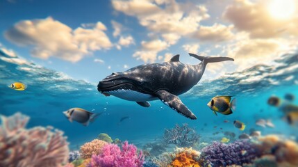 Wall Mural - Majestic Whale Swimming Among Vibrant Coral Reefs