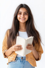 Wall Mural - happy indian female student holding book on white background