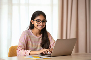 Sticker - young indian girl using laptop at home