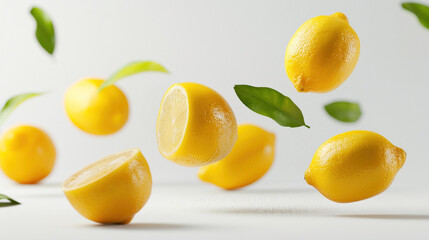 Ripe juicy lemon fruits with leaf levitating in air on white studio background. Fresh fruit lemonade healthy vitamin food contains lemons restaurant menu concept