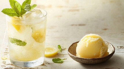 Wall Mural - closeup of a refreshing lemon iced drink and a scoop of lemon sorbet on a rustic white wooden backgr