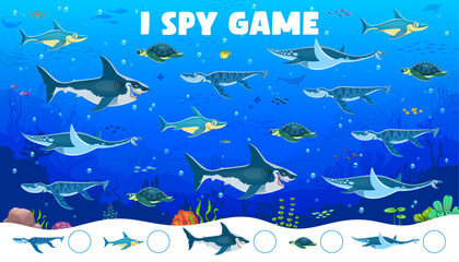 Aufkleber - I spy game worksheet with prehistoric sea underwater dinosaurs and reptiles, vector quiz. Kids I spy game to find and match the same picture with Jurassic undersea fish animals and dino reptiles