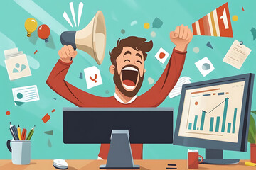 Poster - A cheerful person celebrates success at a computer with festive decorations.