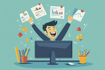 Poster - A joyful businessman celebrating success at a computer with documents and charts flying around.