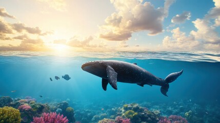 Sticker - Majestic Whale Swimming Through Colorful Coral Reef