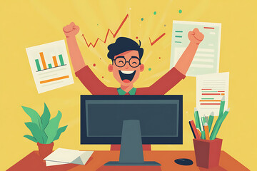 Poster - A joyful person celebrating success at a desk with charts and documents.
