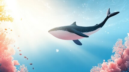 Wall Mural - Majestic Whale Swimming in Vibrant Coral Reef