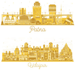 Poster - Udaipur and Patna India City Skyline silhouette set with golden Buildings Isolated on White. Illustration.