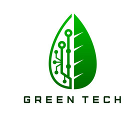 Fototapete - Green tech icon, smart digital farm and eco green energy technology. Vector symbol of a leaf combined with circuit lines, symbolizing fusion of nature and tech, sustainability, eco-friendly innovation