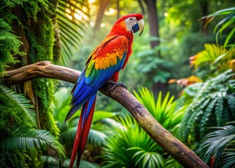 in a tropical rainforest, a vivid arara perches atop a branch, surrounded by rich green leaves, embo