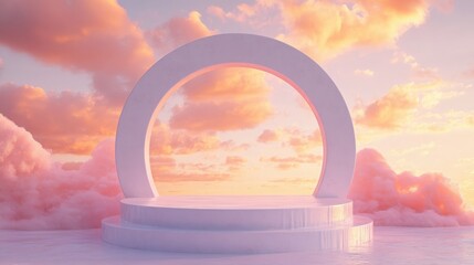 Wall Mural - 3D illustration of a beauty podium set against a whimsical sky background, creating a romantic display for products