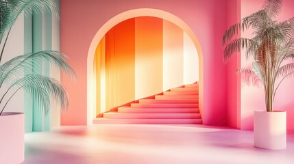 Poster - 3D illustration of a geometric style interior with an arch and stairs, enhanced by a smooth gradient pastel color scheme
