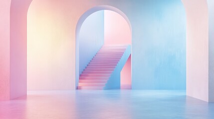 Poster - 3D illustration of a geometric style interior with an arch and stairs, enhanced by a smooth gradient pastel color scheme