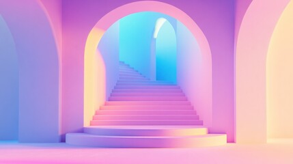 Poster - 3D illustration of a geometric style interior with an arch and stairs, enhanced by a smooth gradient pastel color scheme