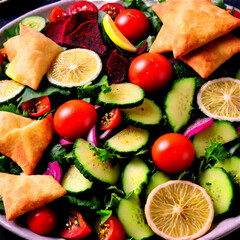 Wall Mural - Lebanese fattoush mixed greens tomatoes cucumbers fried pita sumac lemon dressing Culinary and Food concept