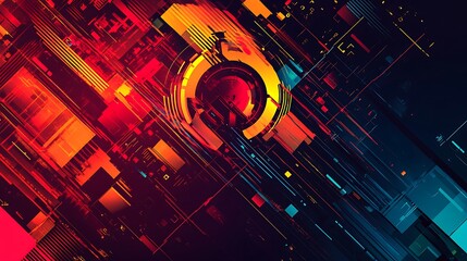 Poster - Abstract digital art with geometric shapes and lines in red, orange, blue, and yellow.