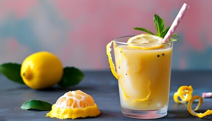 Wall Mural - Vibrant lemonade slushie in a clear cup with a colorful straw and a zesty lemon garnish