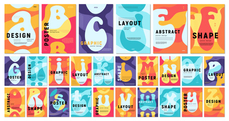 Aufkleber - Groovy typography book covers and hippie alphabet for poster template layout, vector backgrounds. Groovy and 70s hippie typography letters of alphabet in abstract bubble bold shapes for books cover