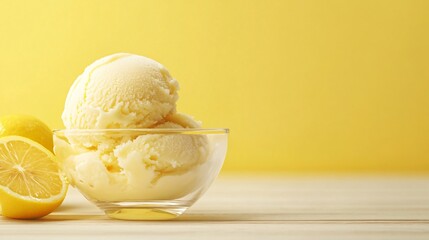 Wall Mural - closeup of lemon sorbet in glass bowl with lemons on wood surface against yellow background.