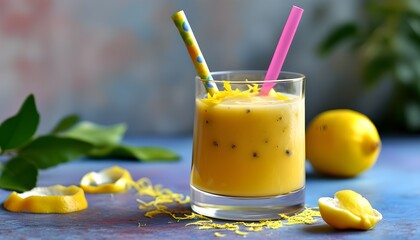 Wall Mural - Vibrant lemonade slushie in a clear cup with a colorful straw and a zesty lemon garnish