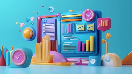 Poster - 3D illustration of SEO optimization featuring web analytics charts, marketing elements, and performance metrics,