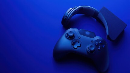 Aufkleber - 3D render featuring a black gamepad, headphones, and game console on a rich blue background. Perfect for displaying modern gaming gear with a vibrant backdrop