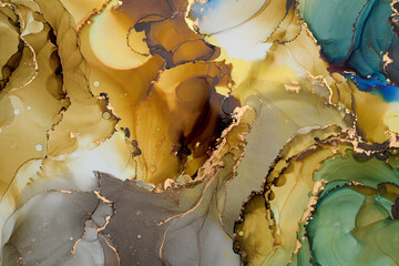 Natural  luxury abstract fluid art painting in liquid ink technique. Tender and dreamy  wallpaper. Mixture of colors creating transparent waves and golden swirls. For posters, other printed materials