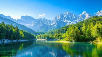 Wall Mural - Colorful_summer_view_of_Fusine_lake._Bright_morn