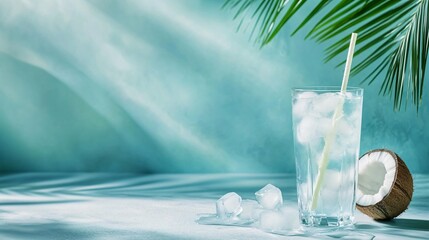 Wall Mural - glass of ice water with a coconut on a table with a teal background and a palm leaf.