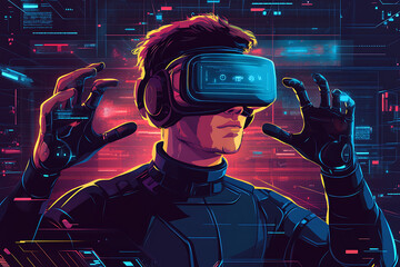Poster - A person wearing a VR headset, immersed in a digital environment with glowing graphics.