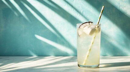 Wall Mural - glass of iced coconut water with a straw on a white surface, teal background with sunbeams.