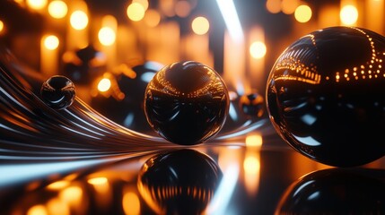 Poster - Abstract spheres floating in a 3D space, reflecting light and casting shadows, with a sleek, futuristic background