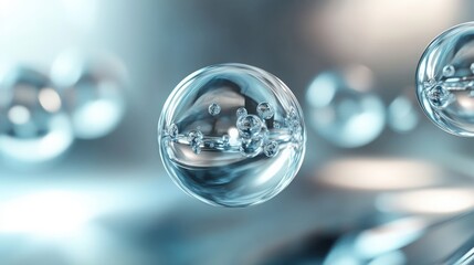 Poster - Abstract spheres floating in a 3D space, reflecting light and casting shadows, with a sleek, futuristic background