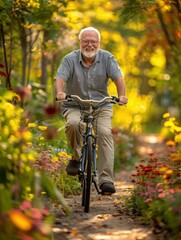 Poster - A senior man smiling as he rides his bike through a path surrounded by flowers. AI.