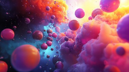 Poster - Abstract spheres in 3D space, arranged in a cascading formation with bright, colorful textures and dynamic lighting